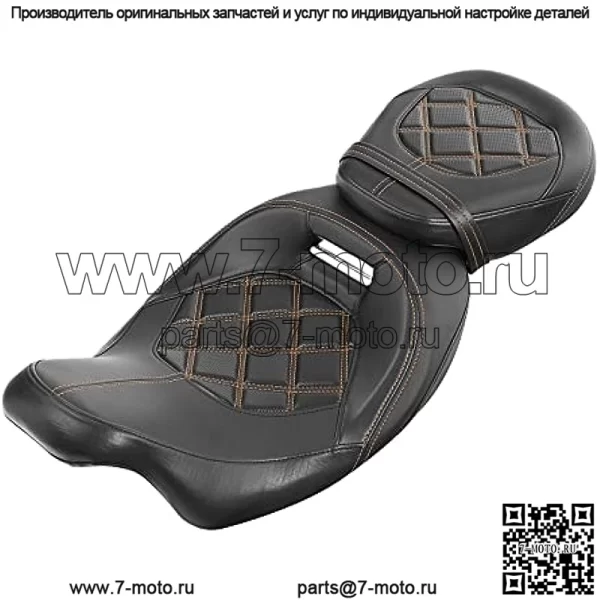 Низкопрофильное кожаное сиденье для пассажира и водителя, комплект сидений для Harley Touring Road King Street Glide Road Glide Electra Glide CVO 2009-2023 (стиль 2 — оранжевая строчка)